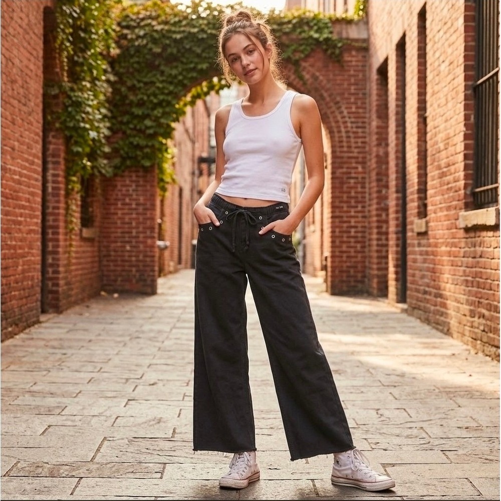 No Boundaries Baggy Drawstring Grommet Pants Black Wide Leg XXS 00 Y2K Grunge